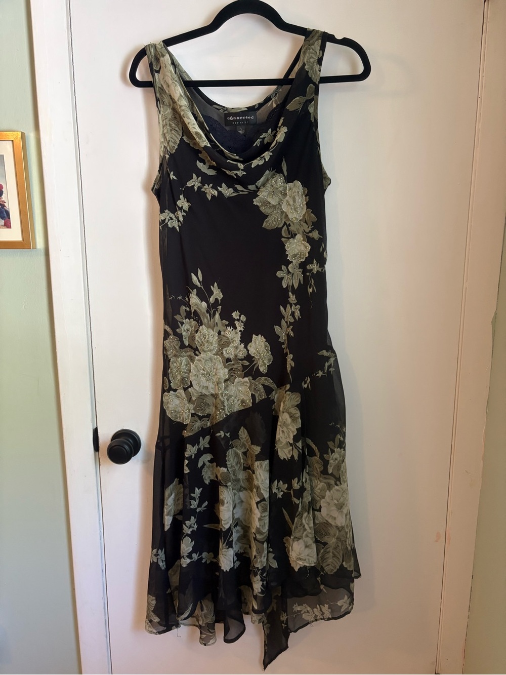 Connected Apparel Fairycore Black Dress with Green Roses